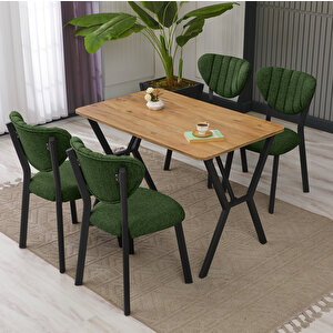 Elma Modeli Masa Sandalye Takımı, 4 Sandalye 1  Sabit Ceviz Masa  110x70 Cm, Keten Kumaş Yeşil