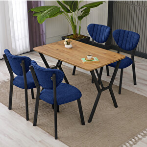 Elma Modeli Masa Sandalye Takımı, 4 Sandalye 1  Sabit Ceviz Masa  110x70 Cm, Keten Kumaş Lacivert