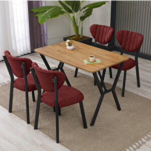 Elma Modeli Masa Sandalye Takımı, 4 Sandalye 1  Sabit Ceviz Masa  110x70 Cm, Keten Kumaş Bordo