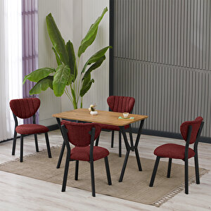 Elma Modeli Masa Sandalye Takımı, 4 Sandalye 1  Sabit Ceviz Masa  110x70 Cm, Keten Kumaş Bordo