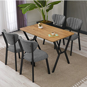 Elma Modeli Masa Sandalye Takımı, 4 Sandalye 1  Sabit Ceviz Masa  110x70 Cm, Keten Kumaş Gri