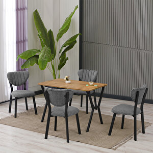 Elma Modeli Masa Sandalye Takımı, 4 Sandalye 1  Sabit Ceviz Masa  110x70 Cm, Keten Kumaş Gri