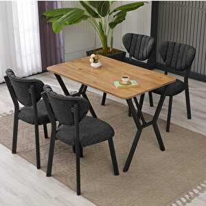 Elma Modeli Masa Sandalye Takımı, 4 Sandalye 1  Sabit Ceviz Masa  110x70 Cm, Keten Kumaş Antrasit