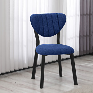 Elma Modeli Masa Sandalye Takımı, 4 Sandalye 1 Sabit Siyah Mermer Desen Masa  110x70 Cm, Keten Kumaş Lacivert