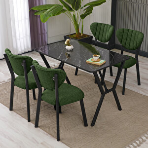 Elma Modeli Masa Sandalye Takımı, 4 Sandalye 1 Sabit Siyah Mermer Desen Masa  110x70 Cm, Keten Kumaş Yeşil