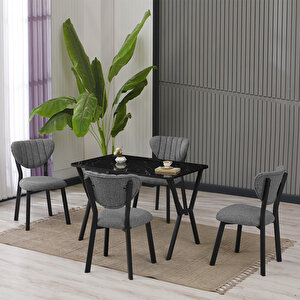 Elma Modeli Masa Sandalye Takımı, 4 Sandalye 1 Sabit Siyah Mermer Desen Masa  110x70 Cm, Keten Kumaş Gri