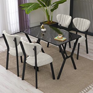 Elma Modeli Masa Sandalye Takımı, 4 Sandalye 1 Sabit Siyah Mermer Desen Masa  110x70 Cm, Keten Kumaş Krem