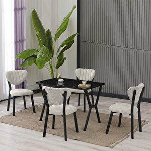 Elma Modeli Masa Sandalye Takımı, 4 Sandalye 1 Sabit Siyah Mermer Desen Masa  110x70 Cm, Keten Kumaş Krem