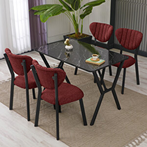 Elma Modeli Masa Sandalye Takımı, 4 Sandalye 1 Sabit Siyah Mermer Desen Masa  110x70 Cm, Keten Kumaş Bordo