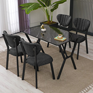 Elma Modeli Masa Sandalye Takımı, 4 Sandalye 1 Sabit Siyah Mermer Desen Masa  110x70 Cm, Keten Kumaş Antrasit