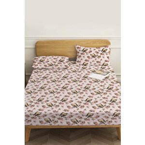 Pudra Pembe Kuş Desenli Çift Kişilik Çarşaf Pamuklu
