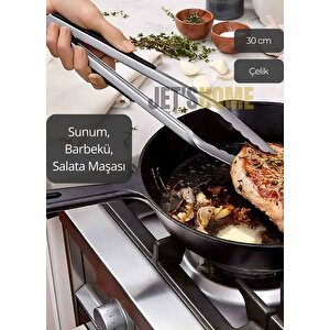 Sunum Maşası Barbekü Maşası Mangal Maşa Silikon Salata Maşası Siyah 30 Cm