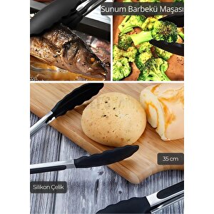 Sunum Maşası Barbekü Maşası Mangal Maşa Silikon Salata Maşası Siyah 35 Cm