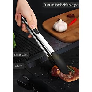Sunum Maşası Barbekü Maşası Mangal Maşa Silikon Salata Maşası Siyah 40 Cm
