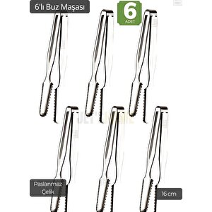 6’lı Set Buz Maşası Paslanmaz Buz Kaşığı Çelik İnox 16 Cm
