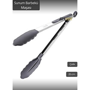 Sunum Maşası Barbekü Maşası Mangal Maşa Silikon Salata Maşası Kırmızı Gri 25 Cm