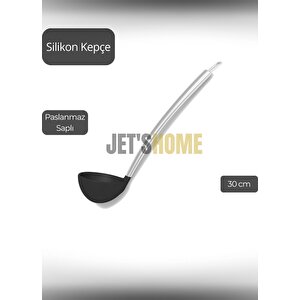 Silikon Kepçe Paslanmaz Saplı Servis Kepçesi Siyah 30 Cm