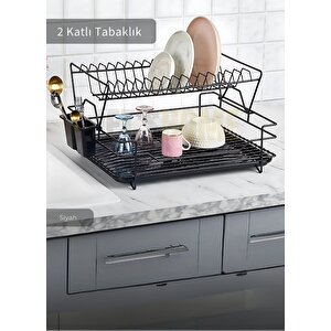 2 Katlı Bulaşıklık Çelik Tezgah Üstü Tabaklık Bpa Free Bulaşık Sepeti Kurutmalık Siyah