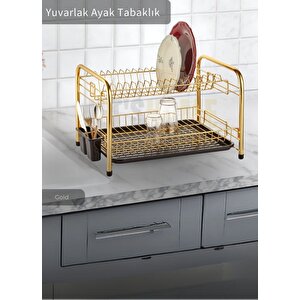 2 Katlı Bulaşıklık Tezgah Üstü Tabaklık Bpa Free Bulaşık Sepeti Yuvarlak Ayak Gold