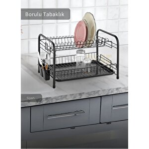 2 Katlı Bulaşıklık Tezgah Üstü Tabaklık Bpa Free Bulaşık Sepeti Yuvarlak ayak siyah