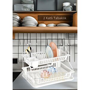 2 Katlı Bulaşıklık Paslanmaz Tezgah Üstü Tabaklık Bpa Free Bulaşık Sepeti Kurutmalık Beyaz