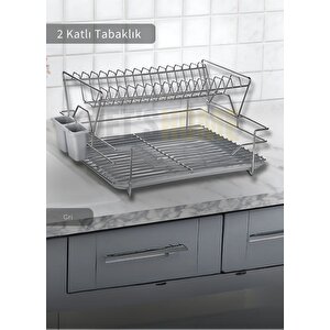 2 Katlı Bulaşıklık Çelik Tezgah Üstü Tabaklık Bpa Free Bulaşık Sepeti kurutmalık gri
