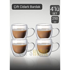 4’lü Set Kulplu Cappuccino Bardağı Latte Bardağı Çift Cidarlı Americano Bardağı 250 Ml Kahve Bardak