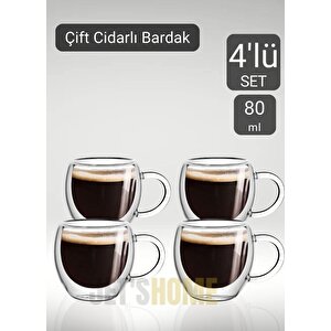 4’lü Set Kulplu Espresso Bardağı Doppio Ristretto Bardağı Çift Cidarlı Türk Kahvesi Bardak 80 Ml