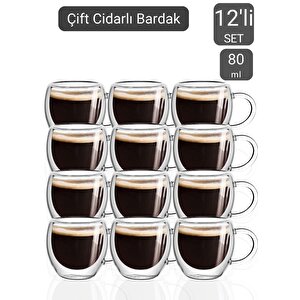 12’li Set Kulplu Espresso Bardağı Doppio Ristretto Bardağı Çift Cidarlı Türk Kahvesi Bardak 80 Ml