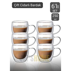 6’lı Set Kulplu Cappuccino Bardağı Latte Bardağı Çift Cidarlı Americano Bardağı 250 Ml Kahve Bardak