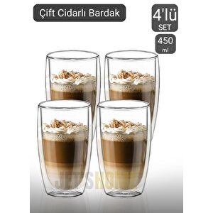 4’lü Set Büyük Latte Bardağı Cappuccino Bardağı Çift Cidarlı Bardak Americano Bardağı 450 Ml