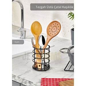 Yuvarlak Çatal Kaşıklık Paslanmaz Tezgah Üstü Servis Standı Düzenleyici Çelik Siyah