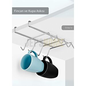 Dolap İçi Fincan Ve Kupa Askısı Paslanmaz Bardak Düzenleyici Askılığı Çelik Gri