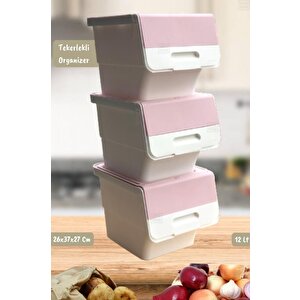 3’lü Tekerlekli Patateslik Soğanlık Oyuncak Kutusu Patates Soğan Sepeti Motek Beyaz-pembe 36 Lt