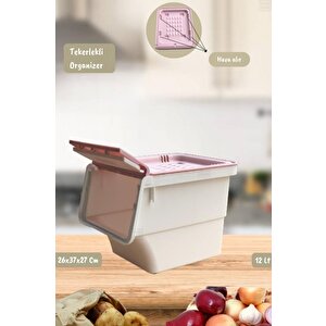 Tekli Tekerlekli Patateslik Soğanlık Oyuncak Kutusu Patates Soğan Sepeti Motek Beyaz-pembe 12 Lt
