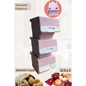 3’lü Tekerlekli Patateslik Soğanlık Oyuncak Kutusu Patates Soğan Sepeti Motek Pembe 36 Lt