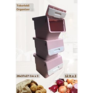 3’lü Tekerlekli Patateslik Soğanlık Oyuncak Kutusu Patates Soğan Sepeti Motek Pembe 36 Lt