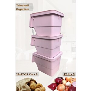 3’lü Tekerlekli Patateslik Soğanlık Oyuncak Kutusu Patates Soğan Sepeti Motek Pembe 36 Lt