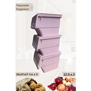 3’lü Tekerlekli Patateslik Soğanlık Oyuncak Kutusu Patates Soğan Sepeti Motek Pembe 36 Lt