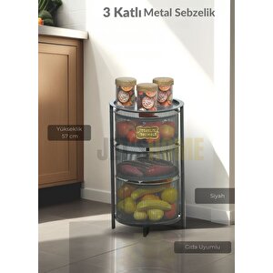 3 Katlı Sebzelik Açılır Metal Patates Soğan Sepeti Paslanmaz Meyvelik Organizer Sepet Siyah
