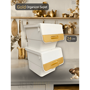 2’li Beyaz-gold Tekerlekli Patateslik Soğanlık Oyuncak Kutusu Patates Soğan Sepeti 24 Lt
