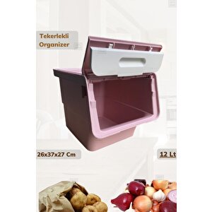 Tekli Tekerlekli Patateslik Soğanlık Oyuncak Kutusu Patates Soğan Sepeti Motek Pembe 12 Lt