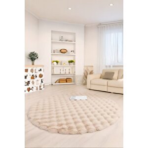 Bubble Yuvarlak Bej Uzun Tüylü Yumuşak Peluş Kaymaz Yıkanabilir Salon Oturma Odası Balkon Halısı 150x150 cm
