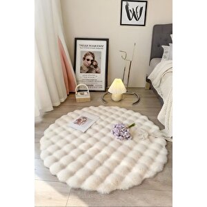 Bubble Yuvarlak Krem Uzun Tüylü Yumuşak Peluş Kaymaz Yıkanabilir Salon Oturma Odası Balkon Halı 200x200 cm