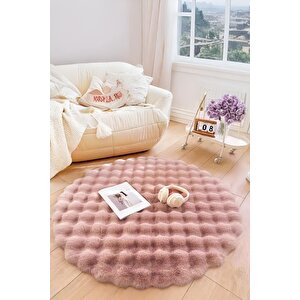 Bubble Yuvarlak Pembe Uzun Tüylü Yumuşak Peluş Kaymaz Yıkanabilir Salon Oturma Odası Balkon Halısı 150x150 cm