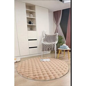 Bubble Yuvarlak Açık Bej Uzun Tüylü Yumuşak Peluş Kaymaz Yıkanabilir Salon Oturma Odası Balkon Halı 150x150 cm