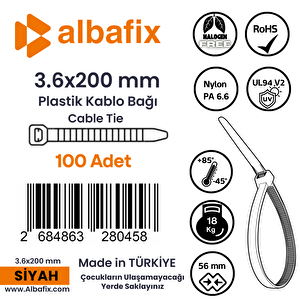 3.6x200 Mm Siyah Plastik Kablo Bağı Klipsi Cırt Kelepçe 100 Adet