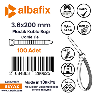 3.6x200 Mm Şeffaf Beyaz Plastik Kablo Bağı Klipsi Cırt Kelepçe 100 Adet