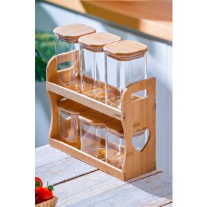 Malibu Bambu Standlı 6 Lı Boroslikat Cam Baharatlık Seti Lnd-07580
