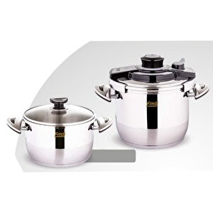 Fms Venüs İkiz 5 + 7 Litre Güveç Düdüklü Tencere Seti + Cam Kapak Siyah 3029